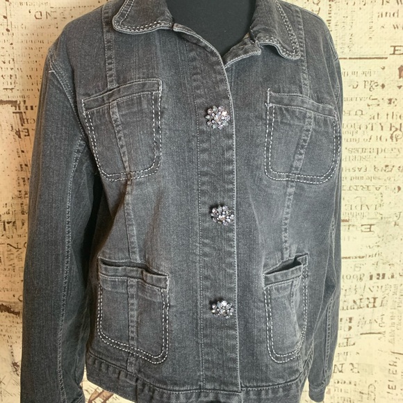 Chico’s Platinum Jean Jacket rhinestone buttons L - Picture 1 of 8
